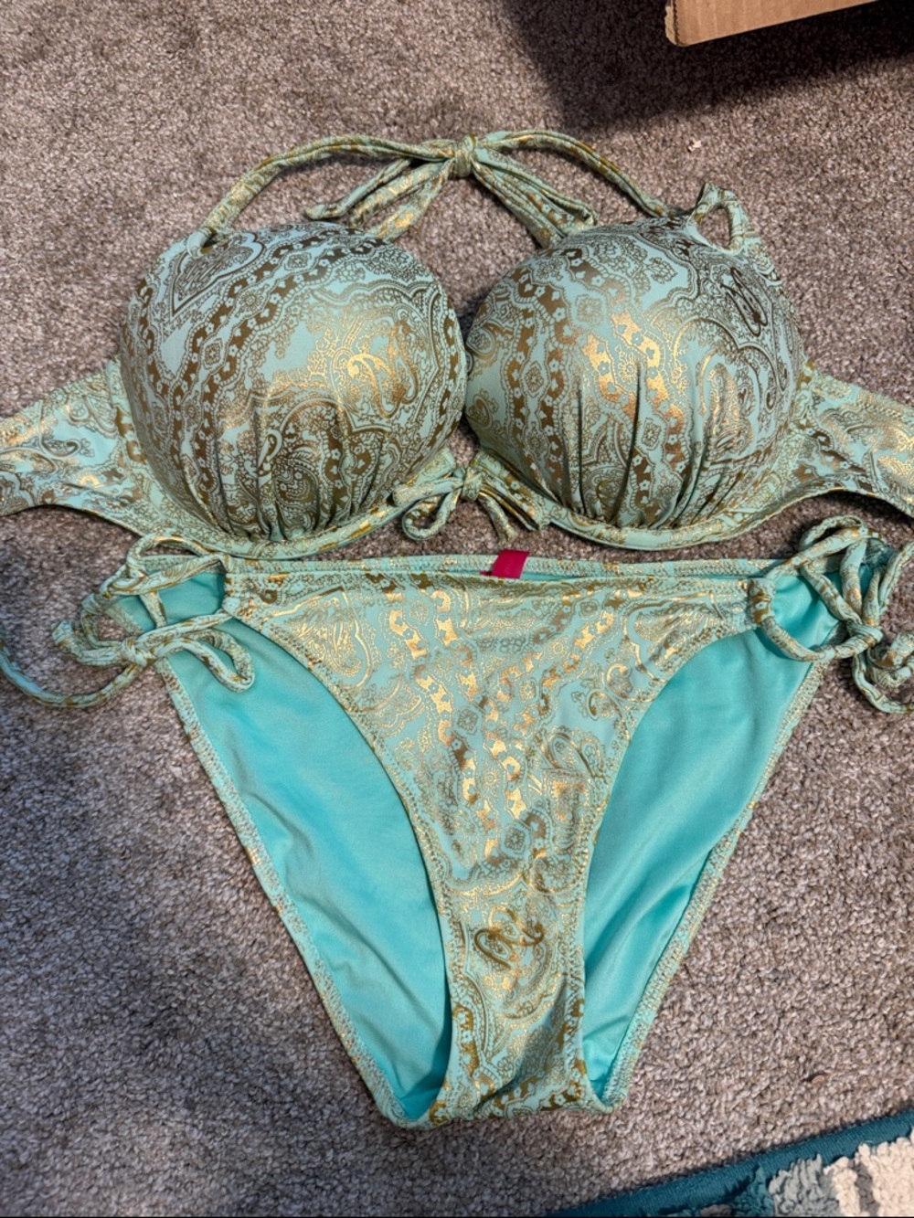 Victoria's Secret Gold Paisley Mint Green Halter Bikini